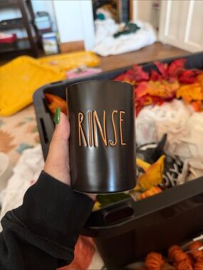 Rae Dunn Rinse Toothbrush Holder - Black with Orange Lettering